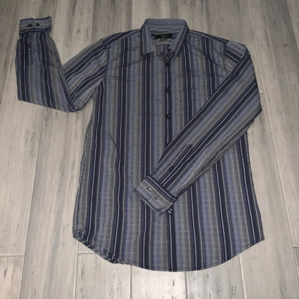 Men’s Attention Blue & Gray Striped Button Down Long Sleeve Shirt Slim Fit Small